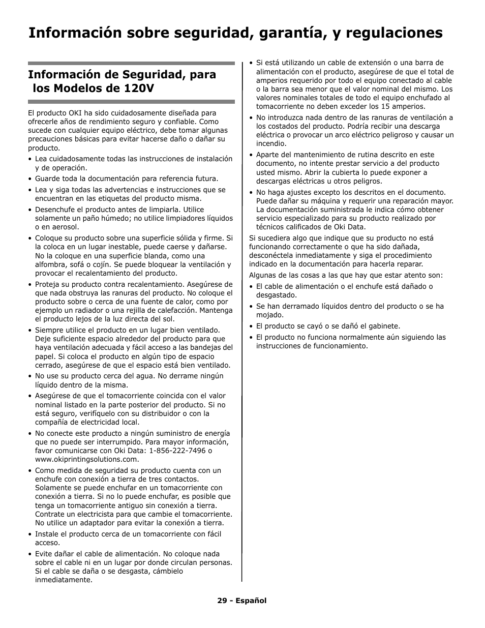 Información de seguridad, para los modelos de 120v | Oki C 9650n User Manual | Page 29 / 52