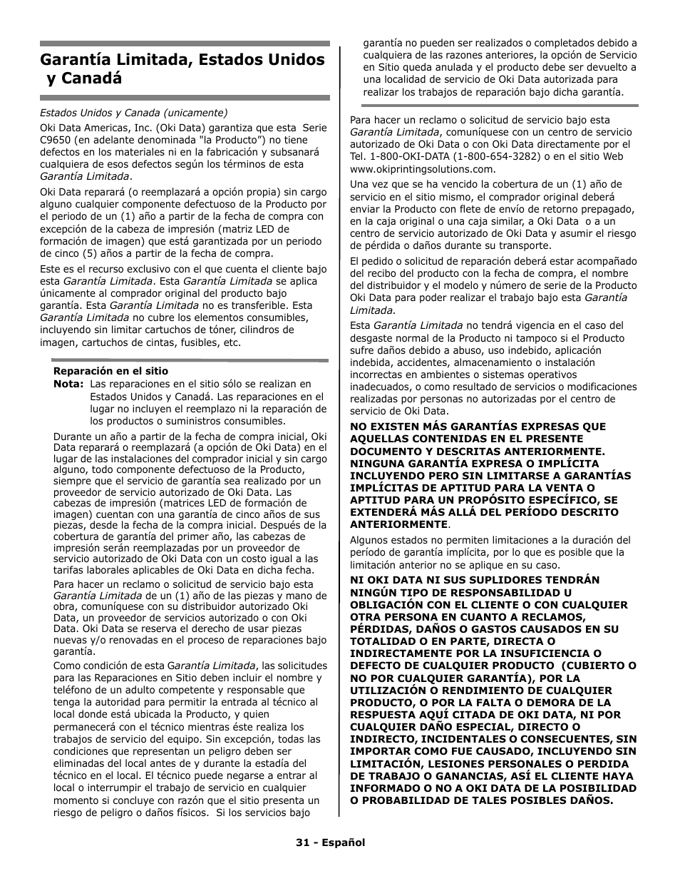 Garantía limitada, estados unidos y canadá | Oki C 9650n User Manual | Page 31 / 52