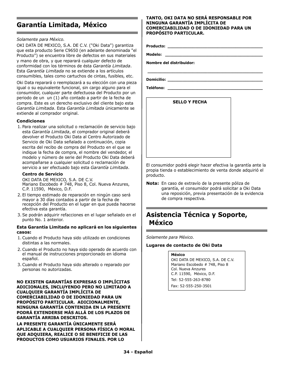 Garantía limitada, méxico, Asistencia técnica y soporte, méxico | Oki C 9650n User Manual | Page 34 / 52