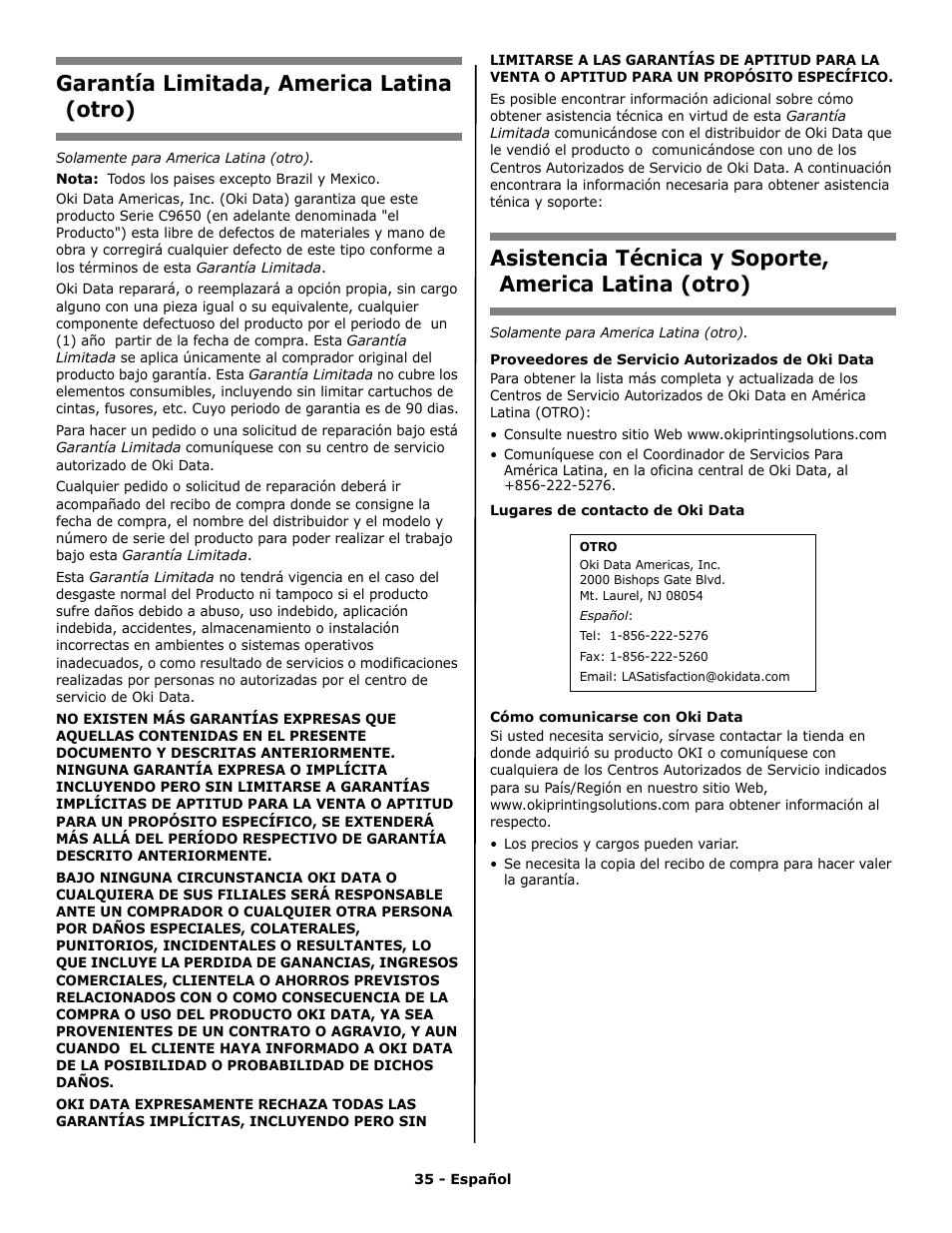 Garantía limitada, america latina (otro) | Oki C 9650n User Manual | Page 35 / 52