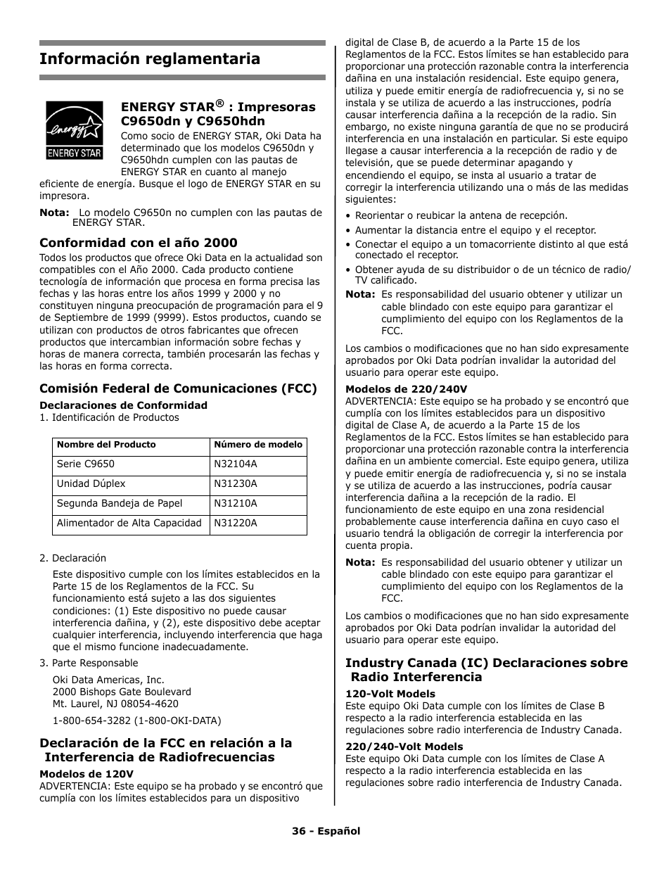 Información reglamentaria | Oki C 9650n User Manual | Page 36 / 52