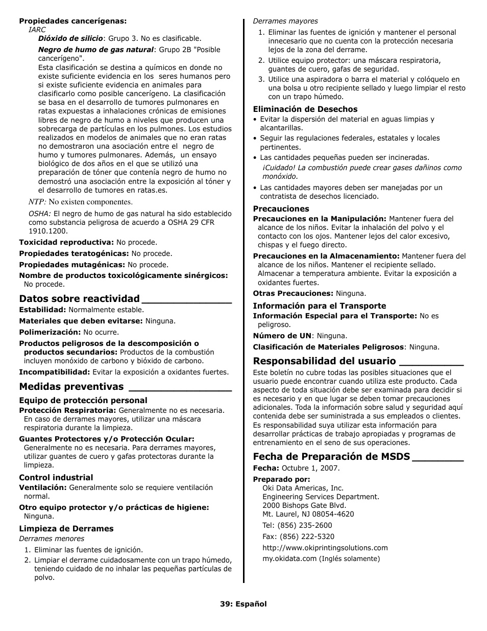 Datos sobre reactividad, Medidas preventivas, Responsabilidad del usuario | Fecha de preparación de msds | Oki C 9650n User Manual | Page 39 / 52