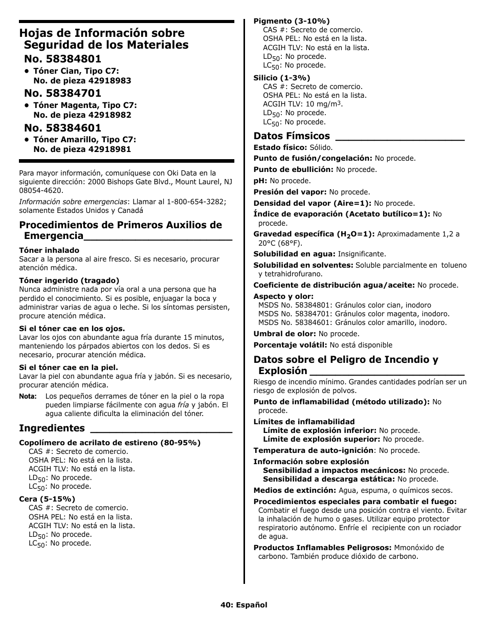 Procedimientos de primeros auxilios de emergencia, Ingredientes, Datos fímsicos | Datos sobre el peligro de incendio y explosión | Oki C 9650n User Manual | Page 40 / 52