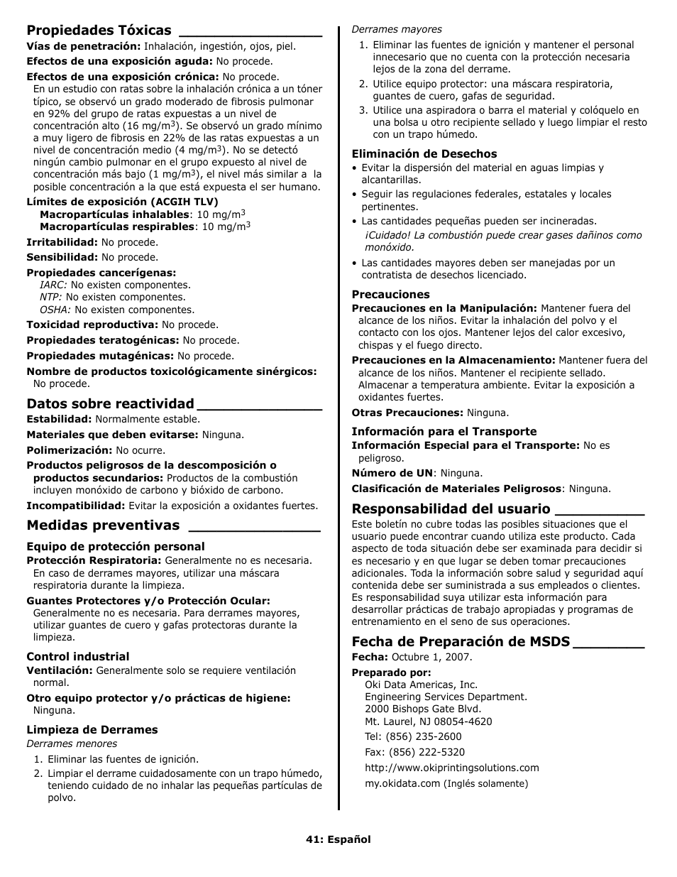 Propiedades tóxicas, Datos sobre reactividad, Medidas preventivas | Responsabilidad del usuario, Fecha de preparación de msds | Oki C 9650n User Manual | Page 41 / 52