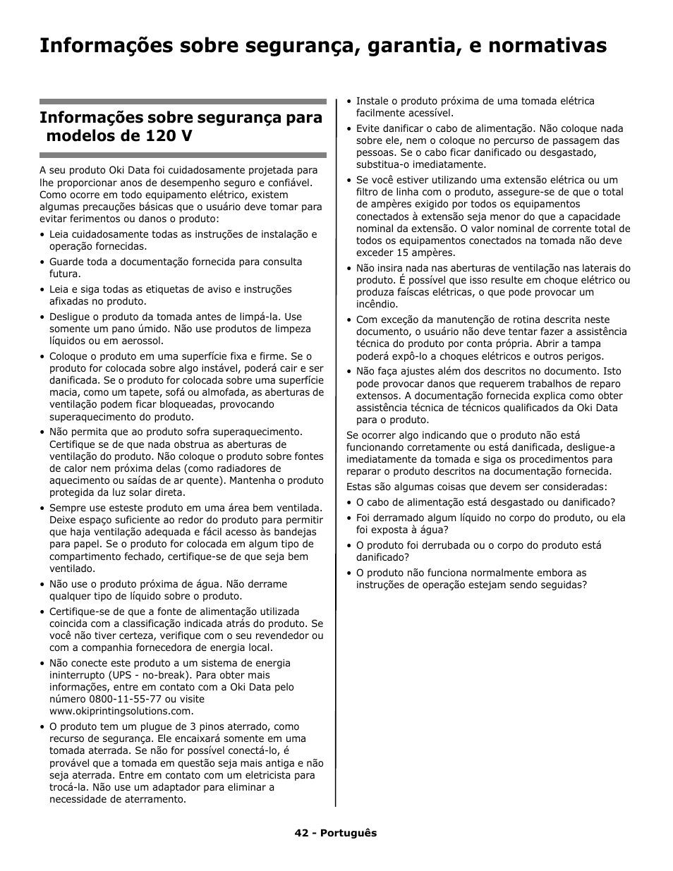 Informações sobre segurança para modelos de 120 v | Oki C 9650n User Manual | Page 42 / 52