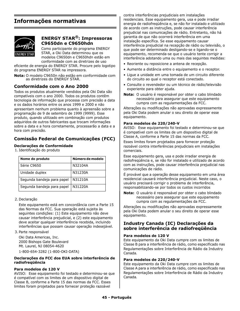 Informações normativas | Oki C 9650n User Manual | Page 45 / 52