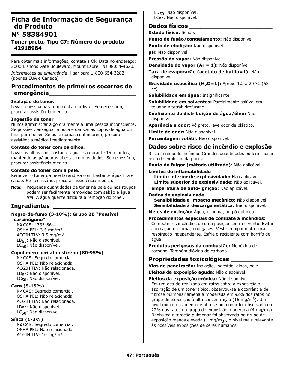 Ficha de informação de segurança do produto, Procedimentos de primeiros socorros de emergência, Ingredientes | Dados físicos, Dados sobre risco de incêndio e explosão, Propriedades toxicológicas | Oki C 9650n User Manual | Page 47 / 52