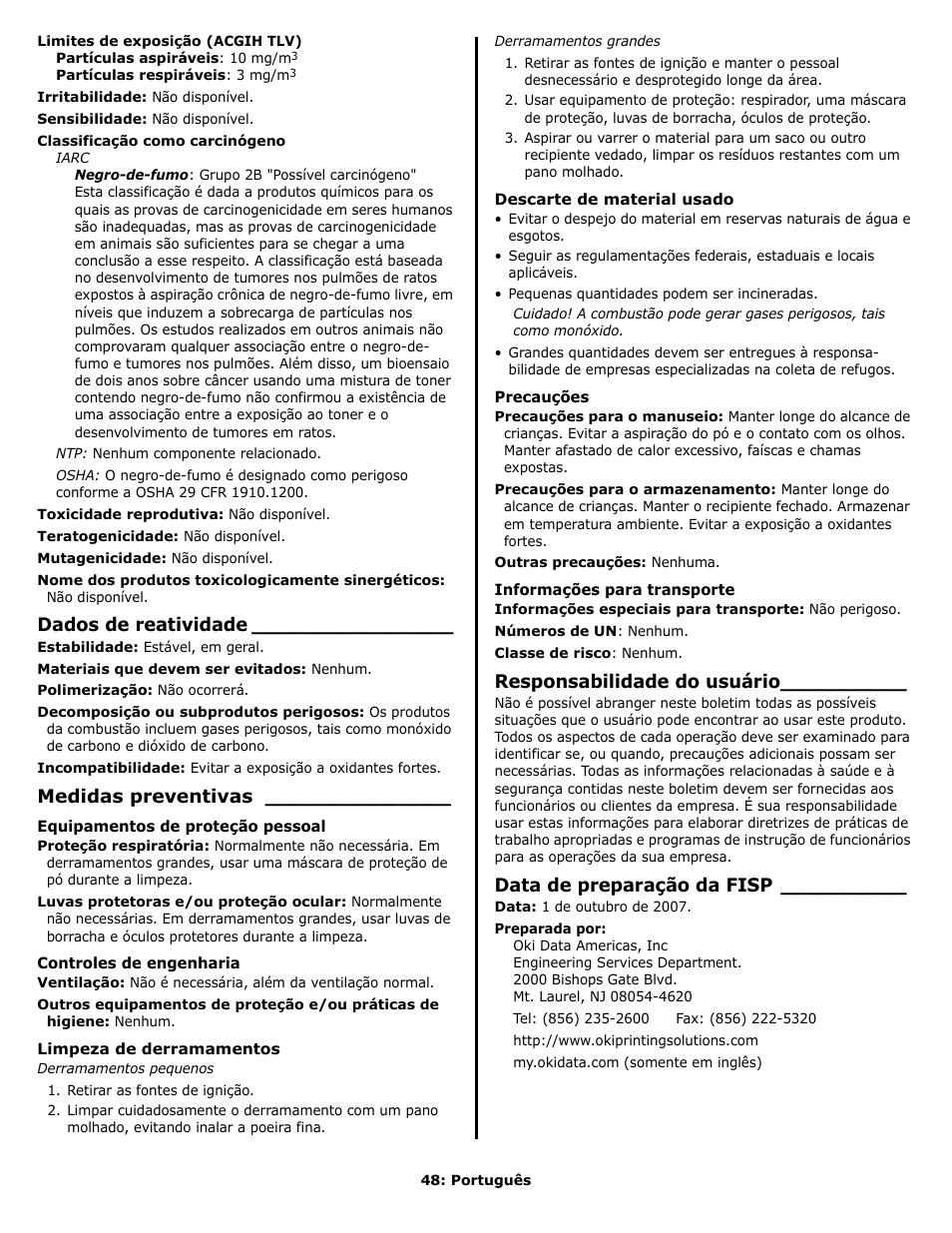 Dados de reatividade, Medidas preventivas, Responsabilidade do usuário | Data de preparação da fisp | Oki C 9650n User Manual | Page 48 / 52