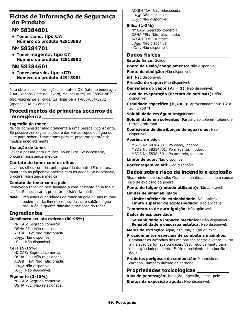 Fichas de informação de segurança do produto | Oki C 9650n User Manual | Page 49 / 52