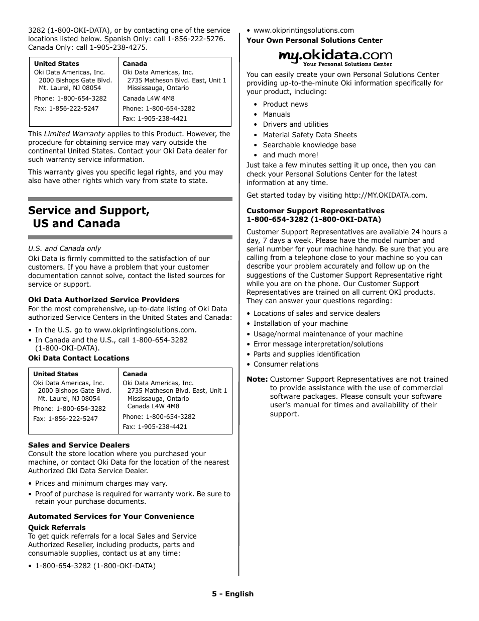 Service and support, us and canada | Oki C 9650n User Manual | Page 5 / 52