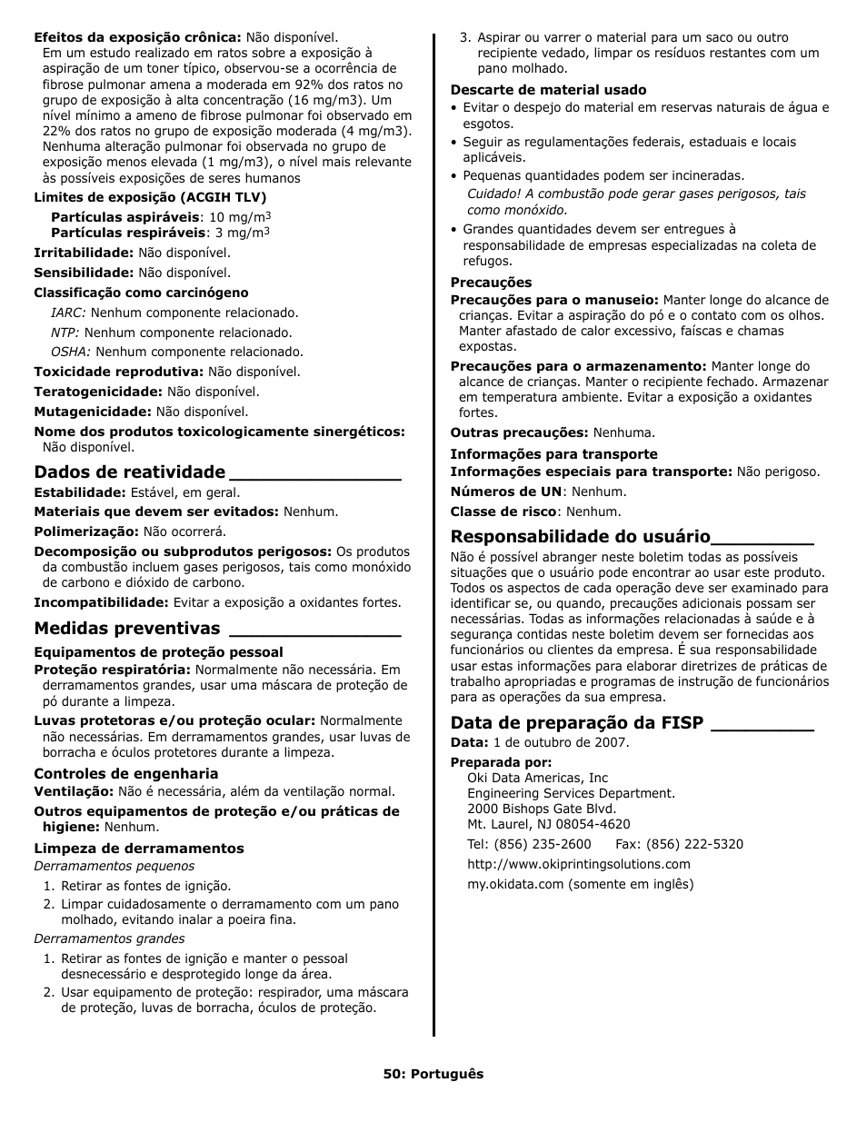 Dados de reatividade, Medidas preventivas, Responsabilidade do usuário | Data de preparação da fisp | Oki C 9650n User Manual | Page 50 / 52