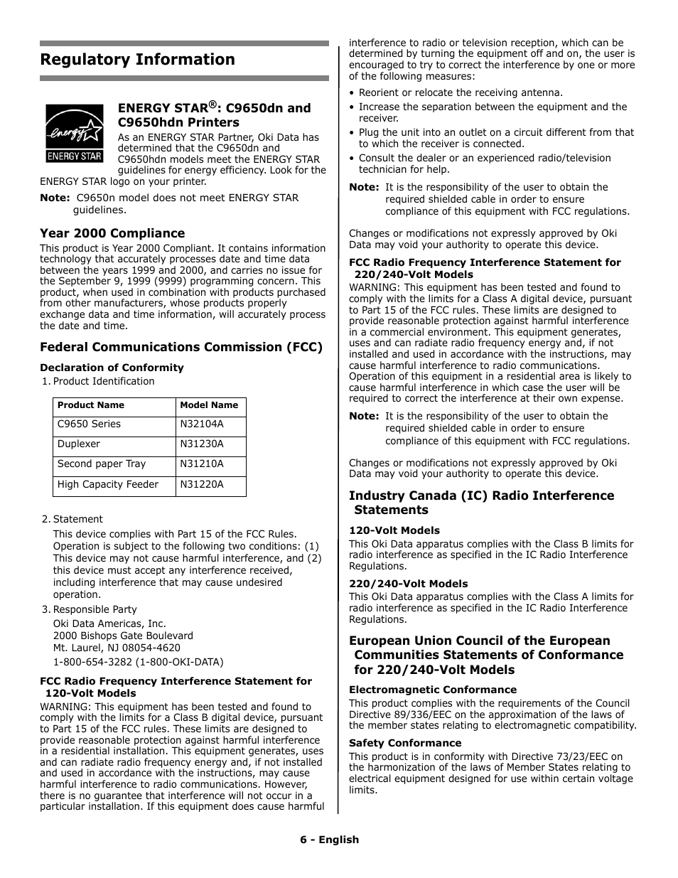 Regulatory information | Oki C 9650n User Manual | Page 6 / 52