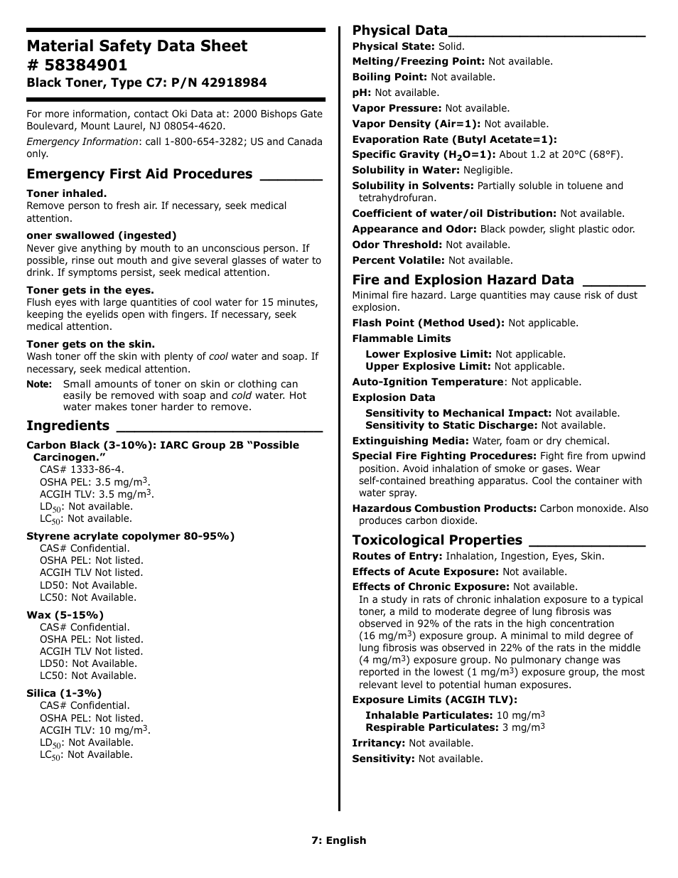 Material safety data sheet, Emergency first aid procedures, Ingredients | Physical data, Fire and explosion hazard data, Toxicological properties | Oki C 9650n User Manual | Page 7 / 52