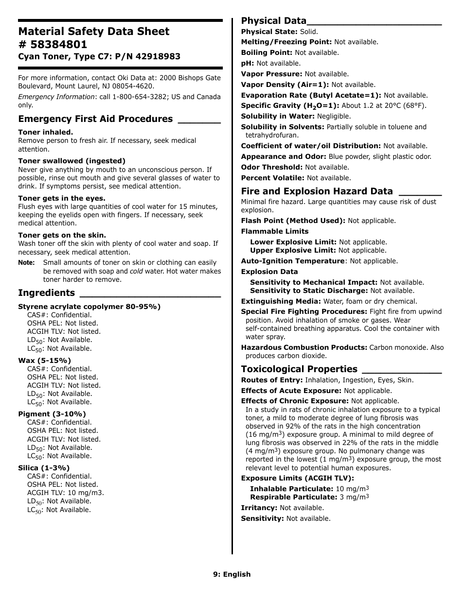 Emergency first aid procedures, Ingredients, Physical data | Fire and explosion hazard data, Toxicological properties | Oki C 9650n User Manual | Page 9 / 52