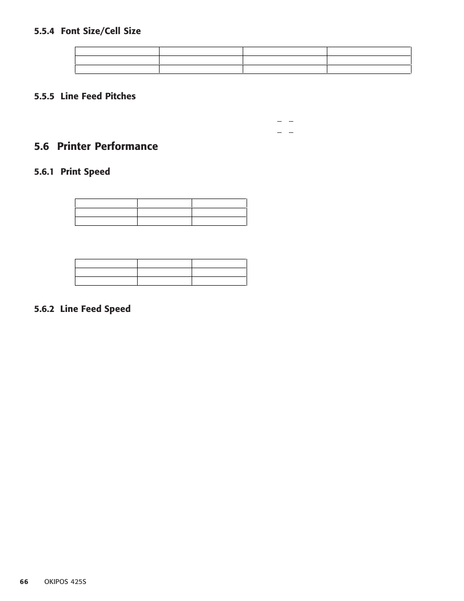4 font size/cell size, 5 line feed pitches, 6 printer performance | 1 print speed, 2 line feed speed, 4 font size/cell size 5.5.5 line feed pitches, 1 print speed 5.6.2 line feed speed | Oki POS 425S User Manual | Page 66 / 133