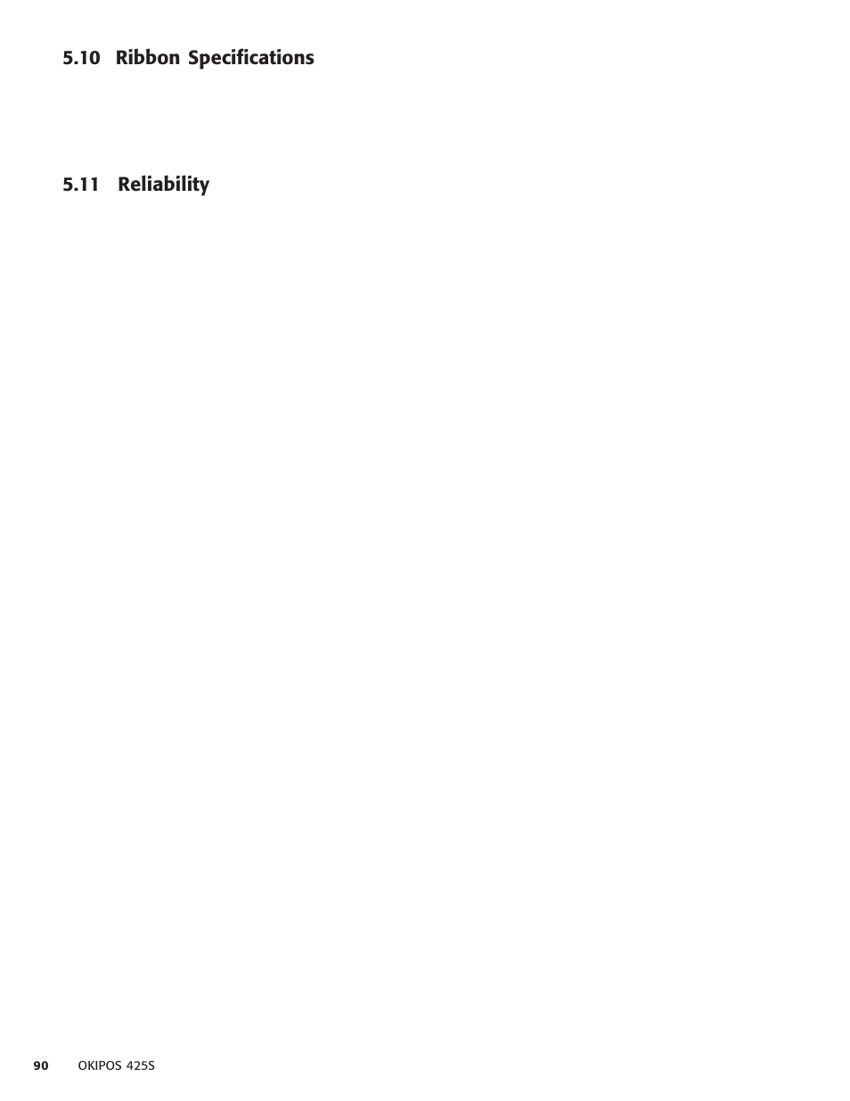 10 ribbon specifications, 11 reliability, 10 ribbon specifications 5.11 reliability | Oki POS 425S User Manual | Page 90 / 133