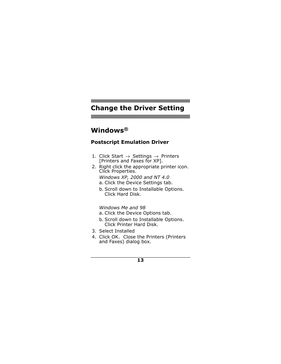 Change the driver setting, Windows, Postscript emulation driver | Change the driver setting windows | Oki 70043502 User Manual | Page 13 / 16