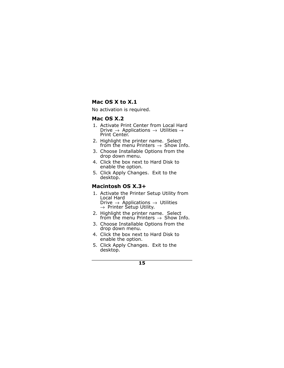 Mac os x to x.1, Mac os x.2, Macintosh os x.3 | Oki 70043502 User Manual | Page 15 / 16