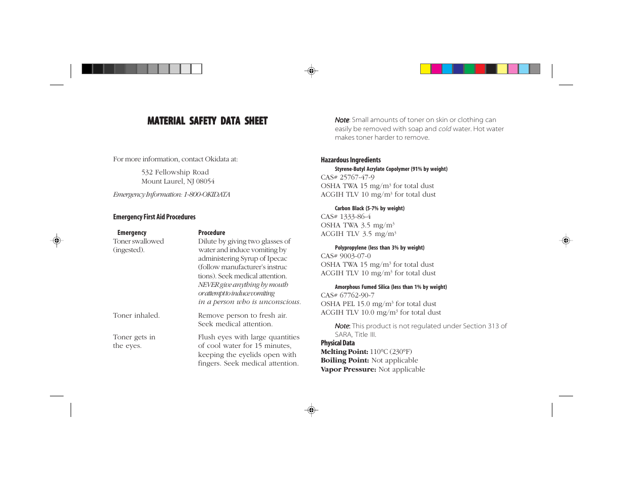 Material safety data sheet | Oki FAX 5050 User Manual | Page 96 / 98