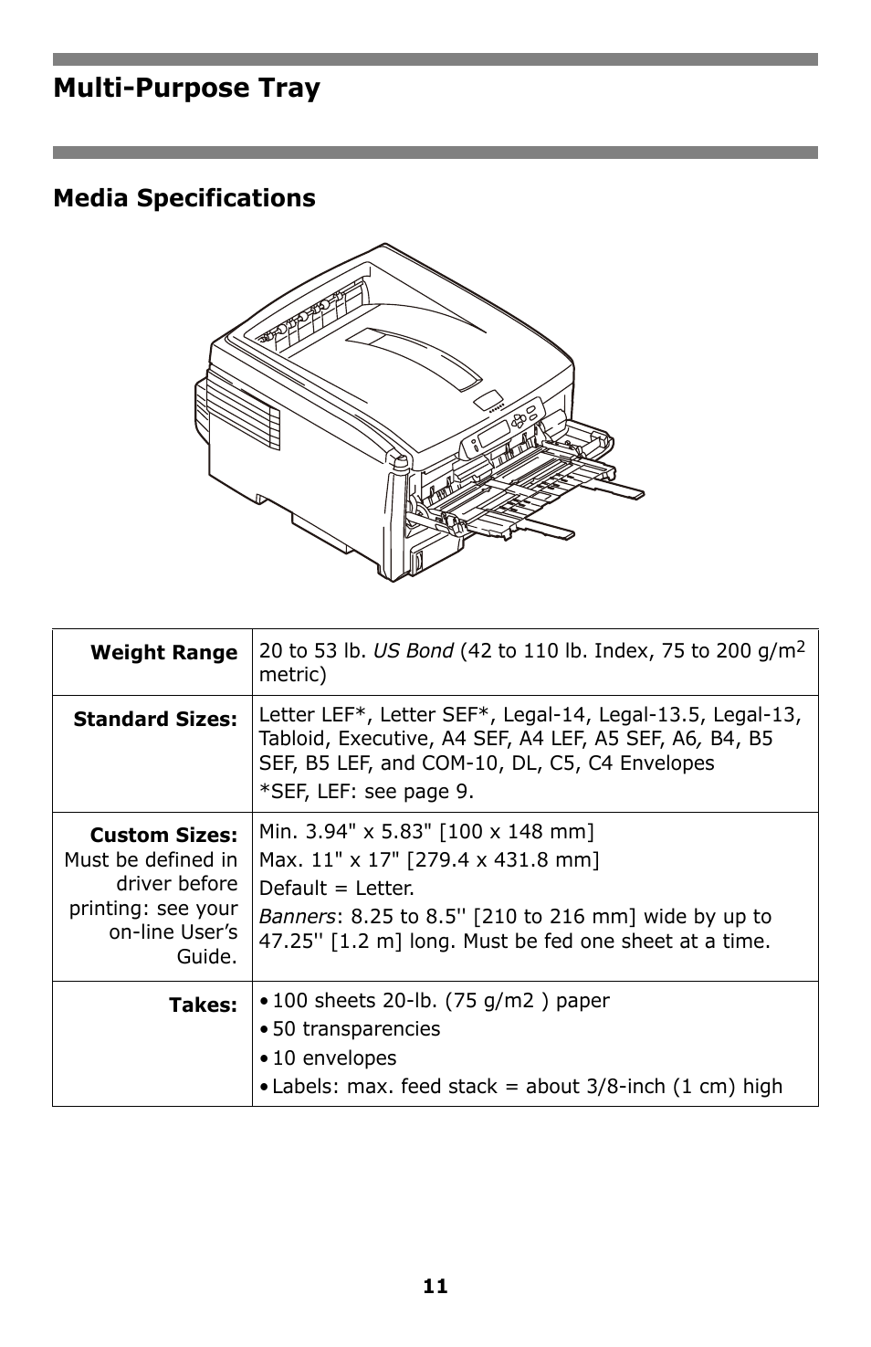 Multi-purpose tray, Media specifications | Oki C8800 User Manual | Page 11 / 87