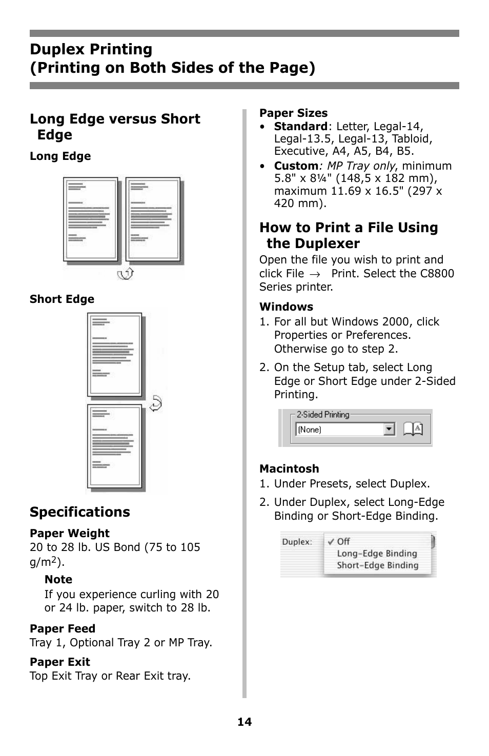 Duplex printing, Long edge versus short edge, Specifications | How to print a file using the duplexer | Oki C8800 User Manual | Page 14 / 87