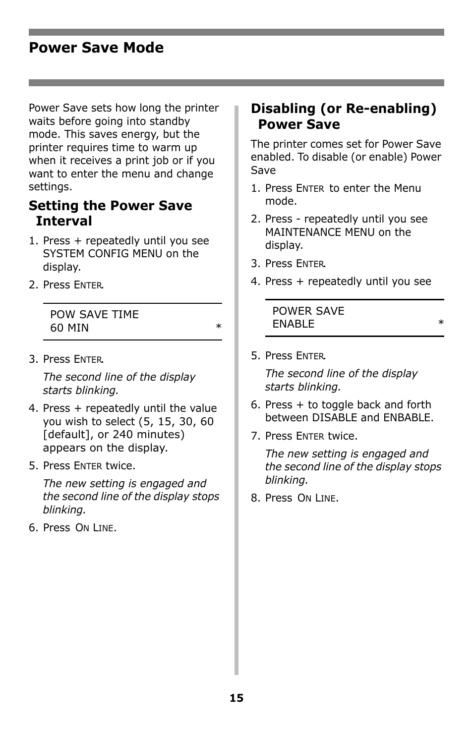 Power save mode, Setting the power save interval, Disabling (or re-enabling) power save | Oki C8800 User Manual | Page 15 / 87