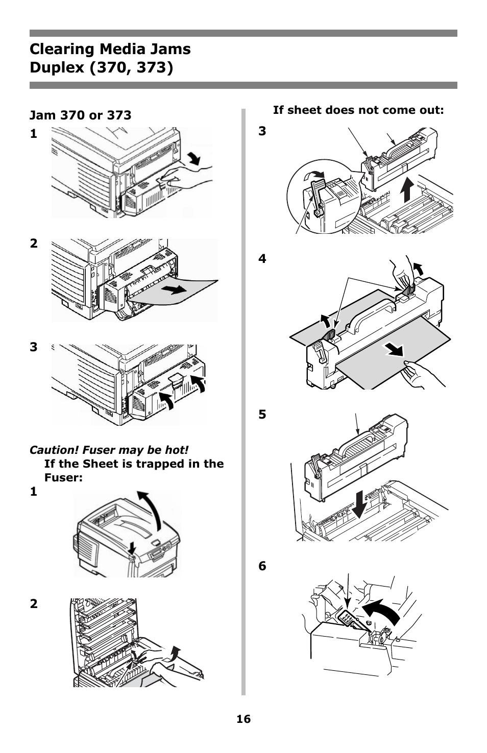 Clearing media jams, Duplex (370, 373) | Oki C8800 User Manual | Page 16 / 87