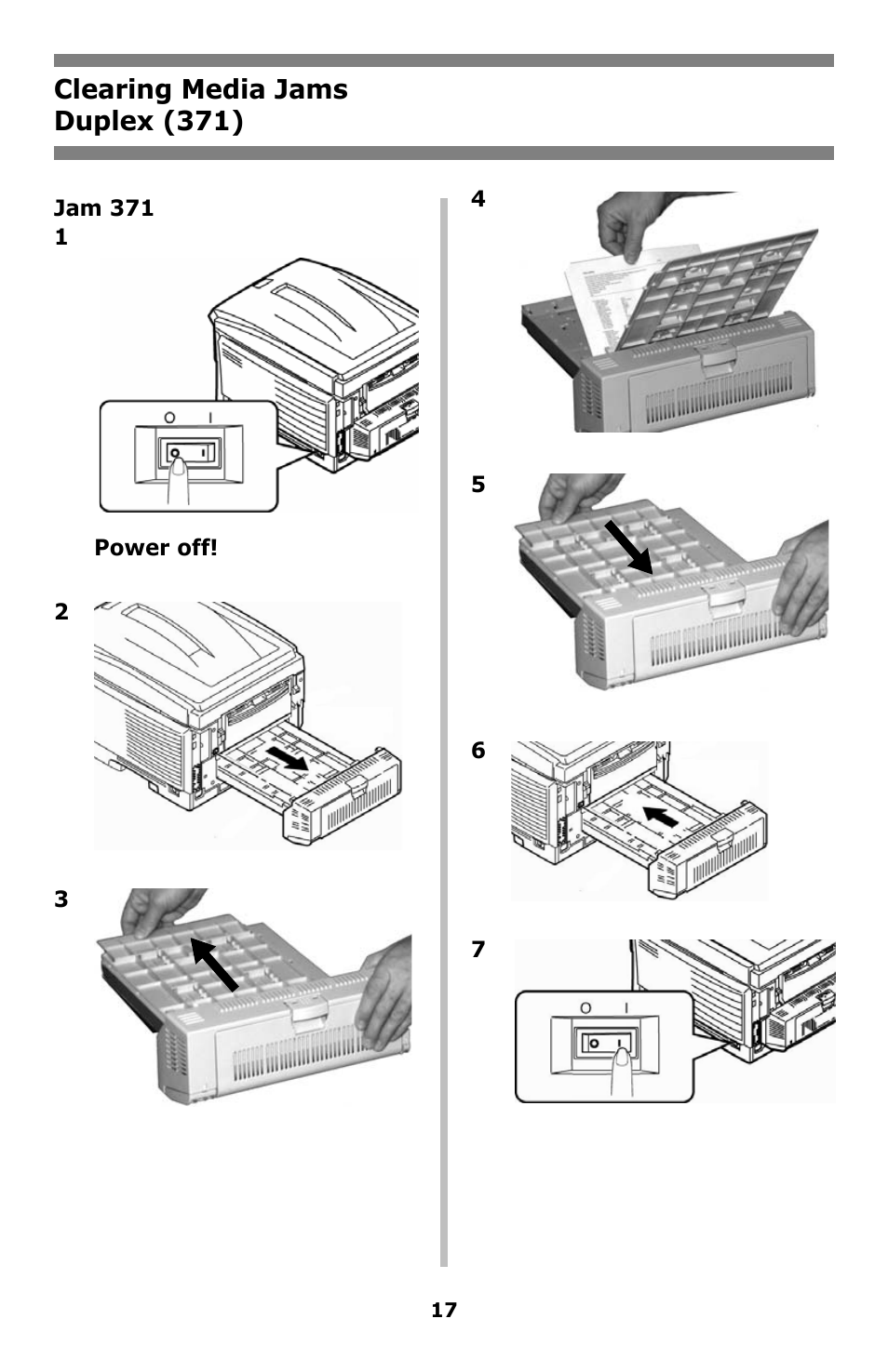Duplex (371), Clearing media jams duplex (371) | Oki C8800 User Manual | Page 17 / 87