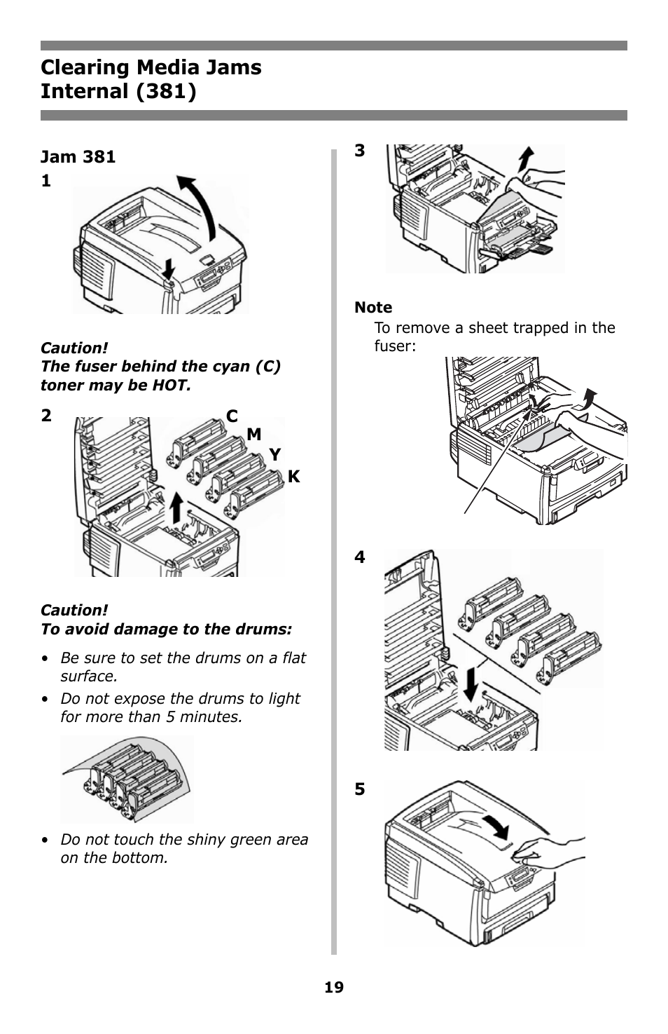 Internal (381), Clearing media jams internal (381) | Oki C8800 User Manual | Page 19 / 87