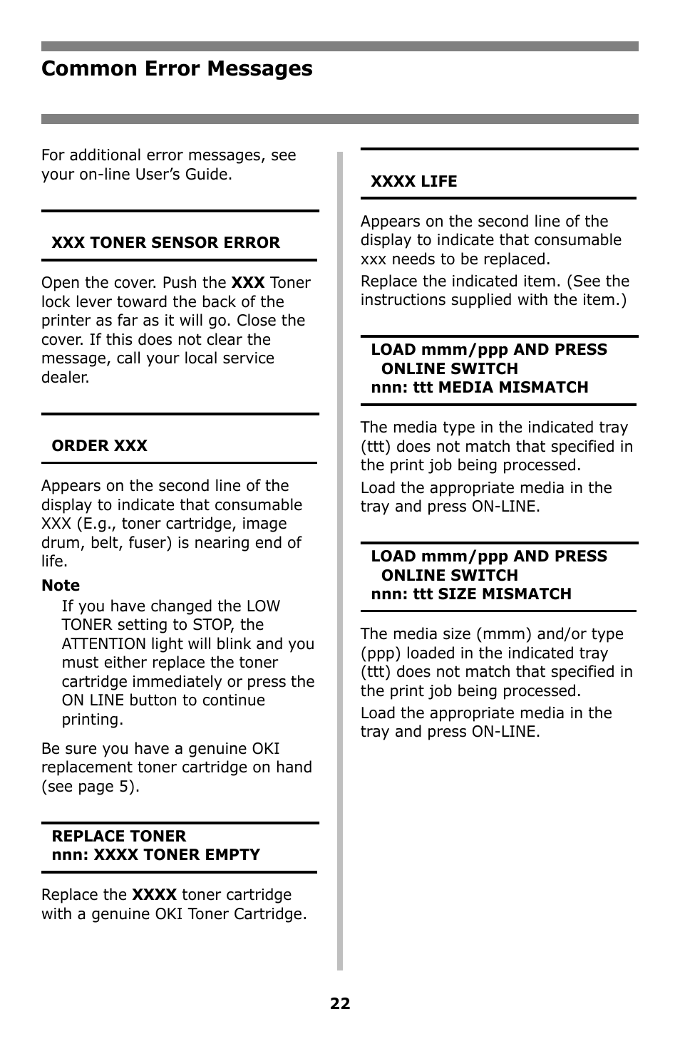 Common error messages | Oki C8800 User Manual | Page 22 / 87