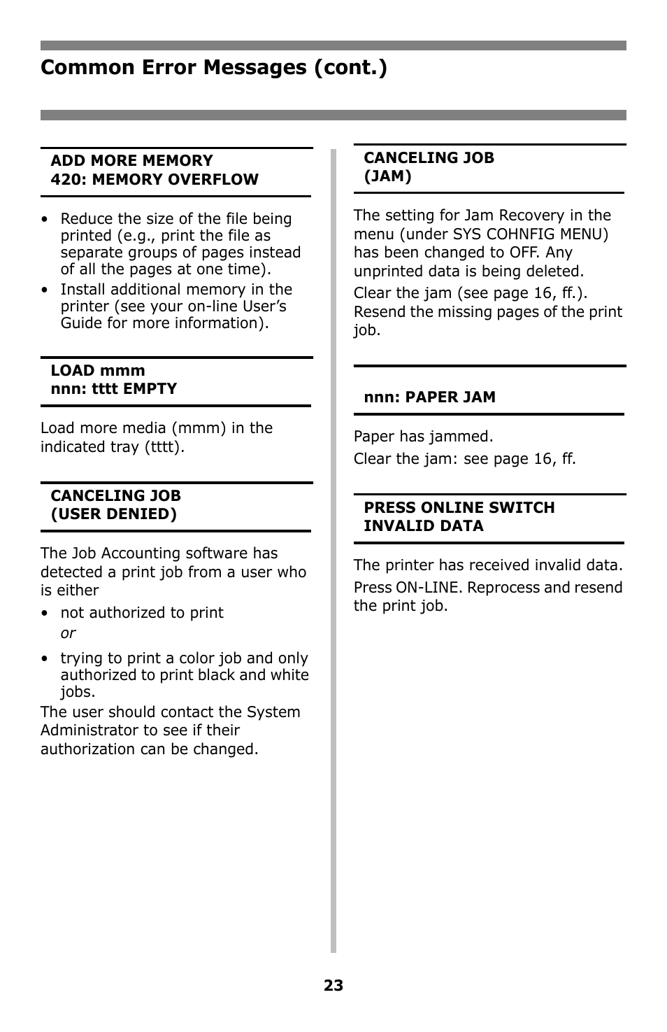 Common error messages (cont.) | Oki C8800 User Manual | Page 23 / 87