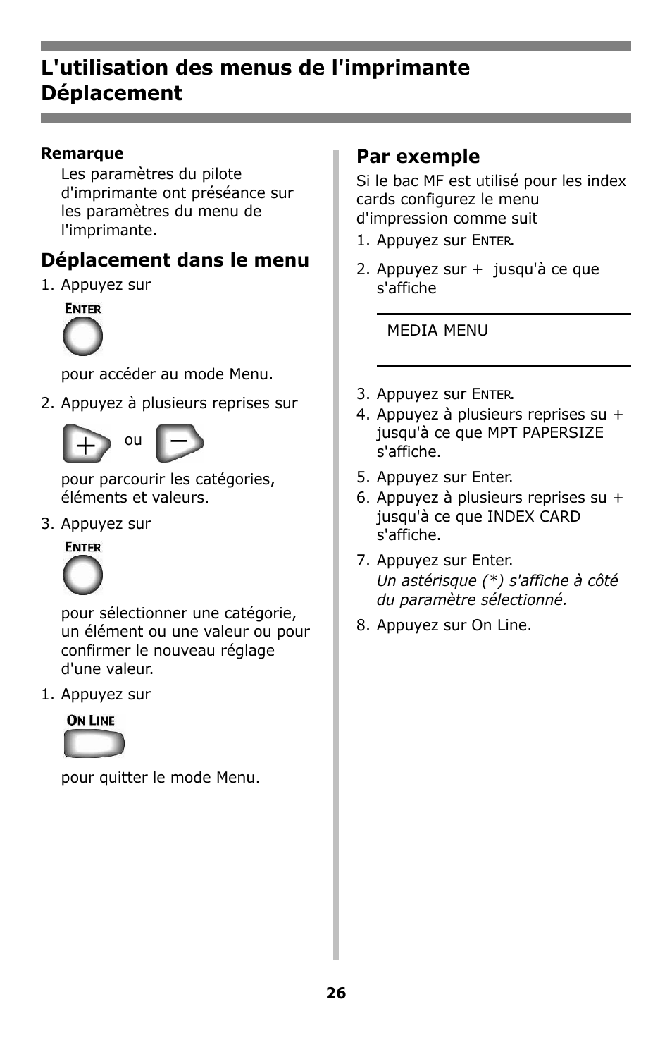 L'utilisation des menus de l'imprimante, Déplacement, L'utilisation des menus de | L'imprimante, Déplacement dans le menu, Par exemple | Oki C8800 User Manual | Page 26 / 87