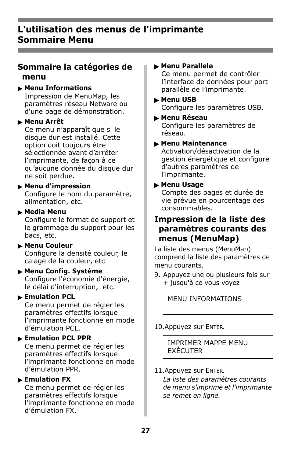 Sommaire menu, Sommaire la catégories de menu | Oki C8800 User Manual | Page 27 / 87