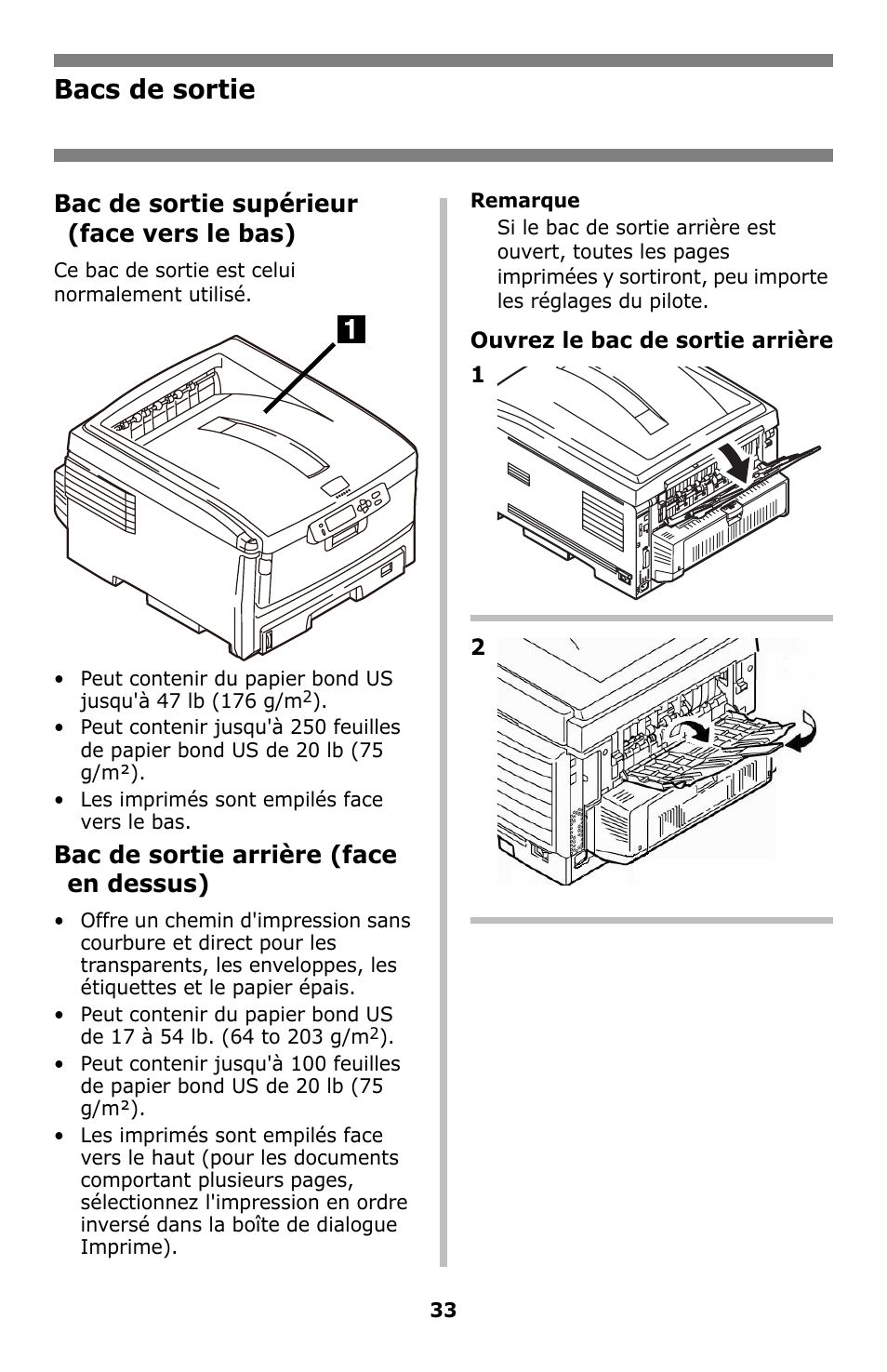 Bacs de sortie, Bac de sortie supérieur (face vers le bas), Bac de sortie arrière (face en dessus) | Oki C8800 User Manual | Page 33 / 87