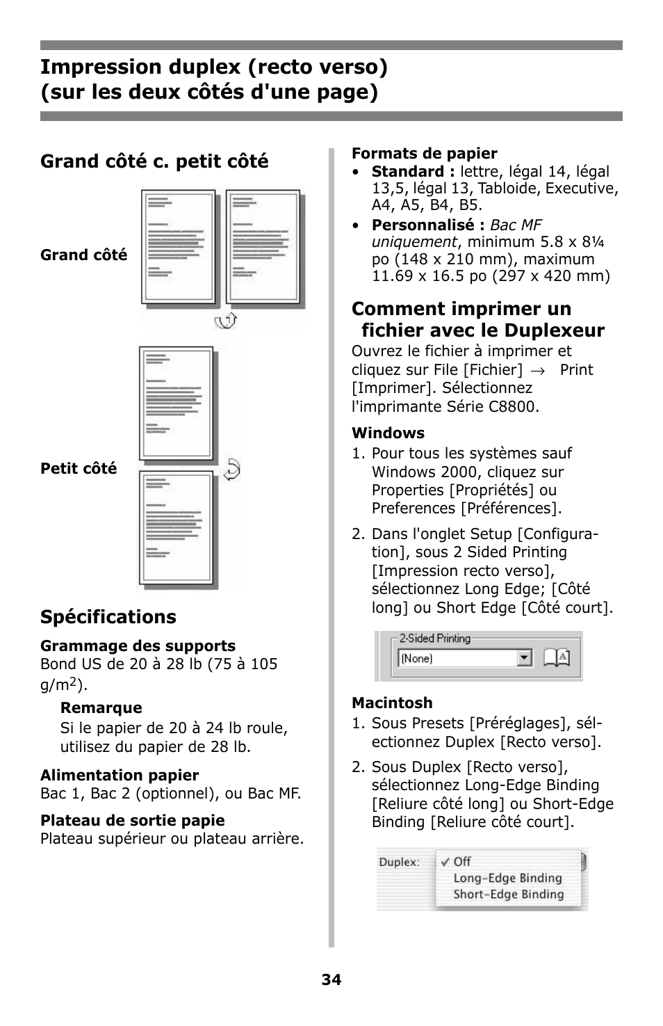 Impression duplex (recto verso), Impression duplex (recto, Verso) | Grand côté c. petit côté, Spécifications, Comment imprimer un fichier avec le duplexeur | Oki C8800 User Manual | Page 34 / 87
