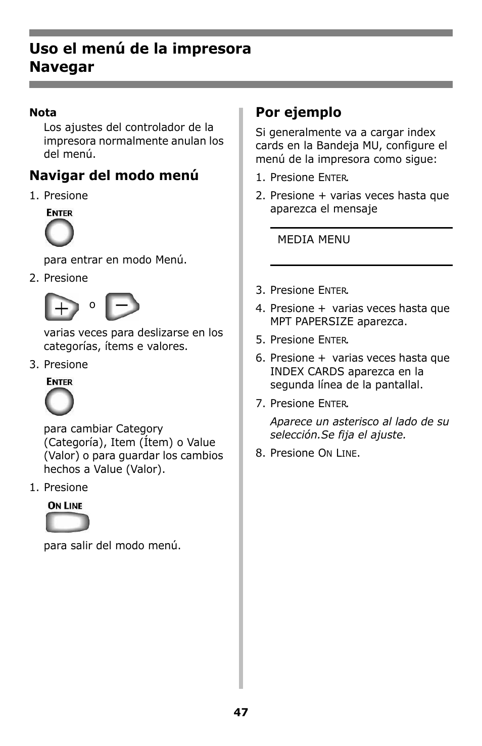 Uso el menú de la impresora, Navegar, Uso el menú de la impresora navegar | Navigar del modo menú, Por ejemplo | Oki C8800 User Manual | Page 47 / 87