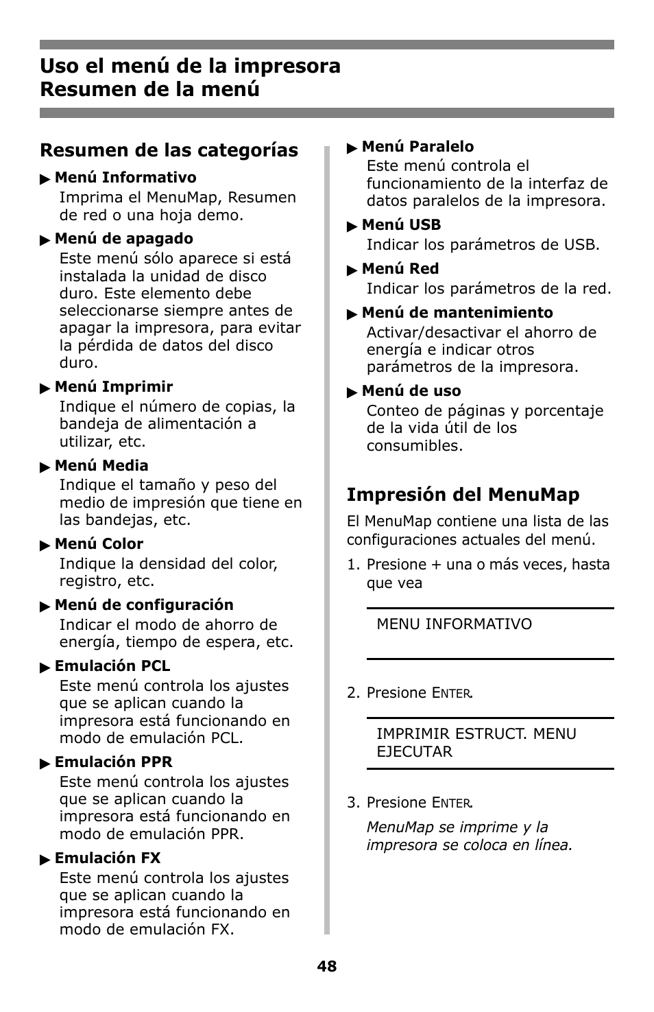Resumen de la menú, Uso el menú de la impresora resumen de la menú, Resumen de las categorías | Impresión del menumap | Oki C8800 User Manual | Page 48 / 87