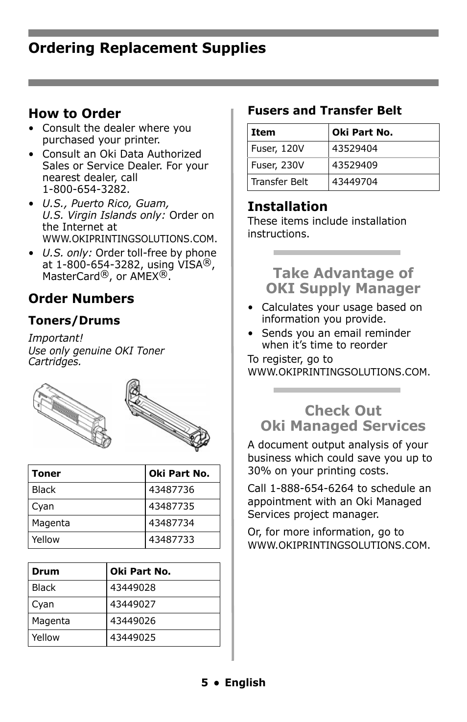 English, Ordering replacement supplies, Take advantage of oki supply manager | Check out oki managed services, How to order, Order numbers, Installation | Oki C8800 User Manual | Page 5 / 87
