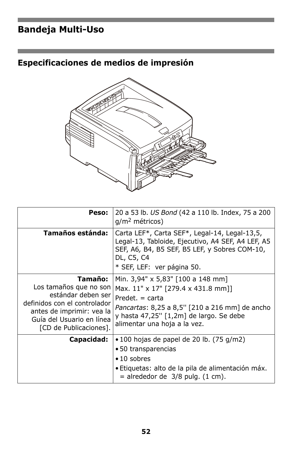 Bandeja multi-uso, Especificaciones de medios de impresión | Oki C8800 User Manual | Page 52 / 87