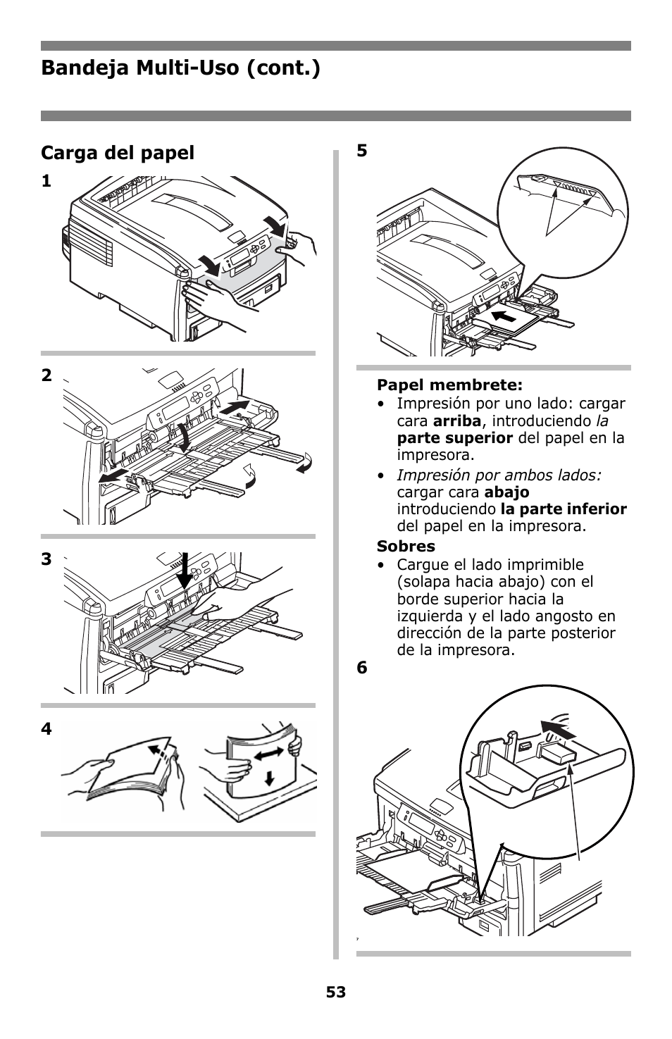 Bandeja multi-uso (cont.), Carga del papel | Oki C8800 User Manual | Page 53 / 87
