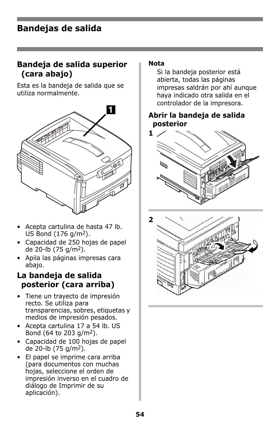 Bandejas de salida, Bandeja de salida superior (cara abajo), La bandeja de salida posterior (cara arriba) | Oki C8800 User Manual | Page 54 / 87