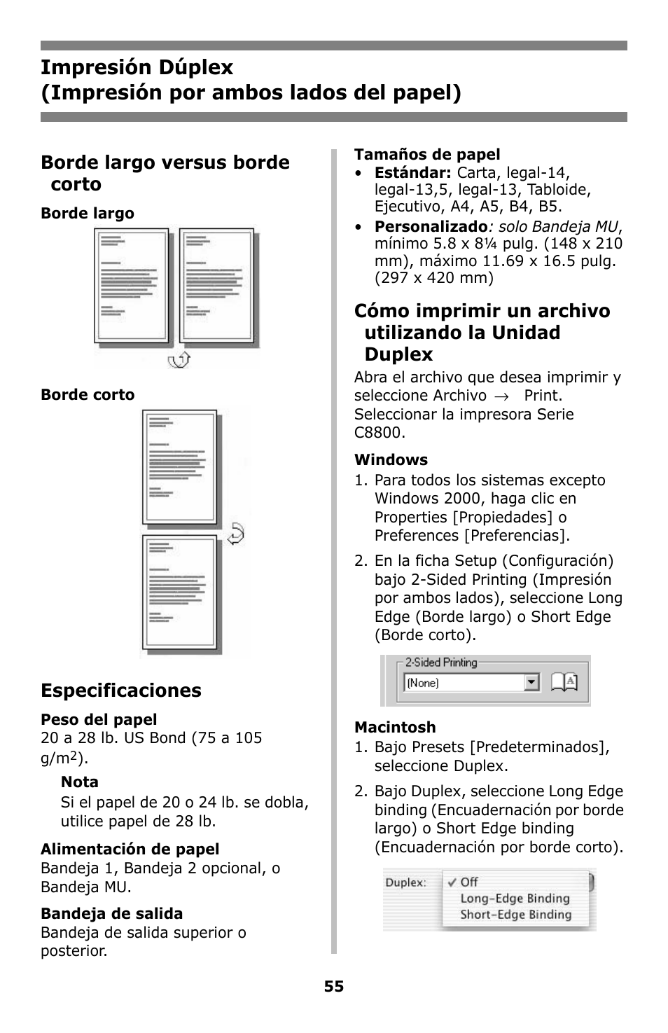 Impresión dúplex, Borde largo versus borde corto, Especificaciones | Oki C8800 User Manual | Page 55 / 87