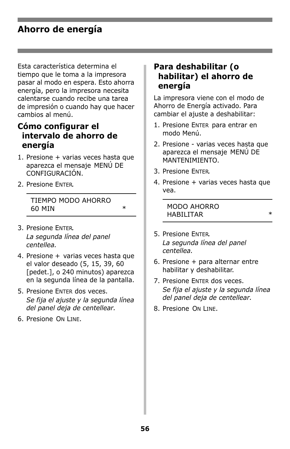 Ahorro de energía, Cómo configurar el intervalo de ahorro de energía | Oki C8800 User Manual | Page 56 / 87
