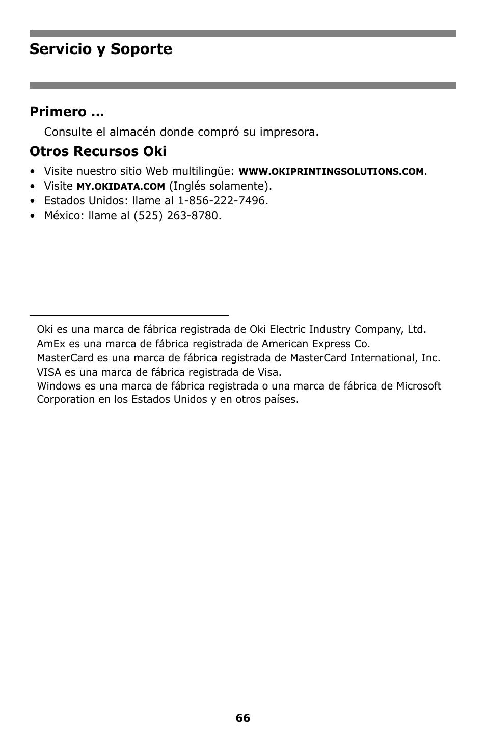 Servicio y soporte, Primero, Otros recursos oki | Oki C8800 User Manual | Page 66 / 87