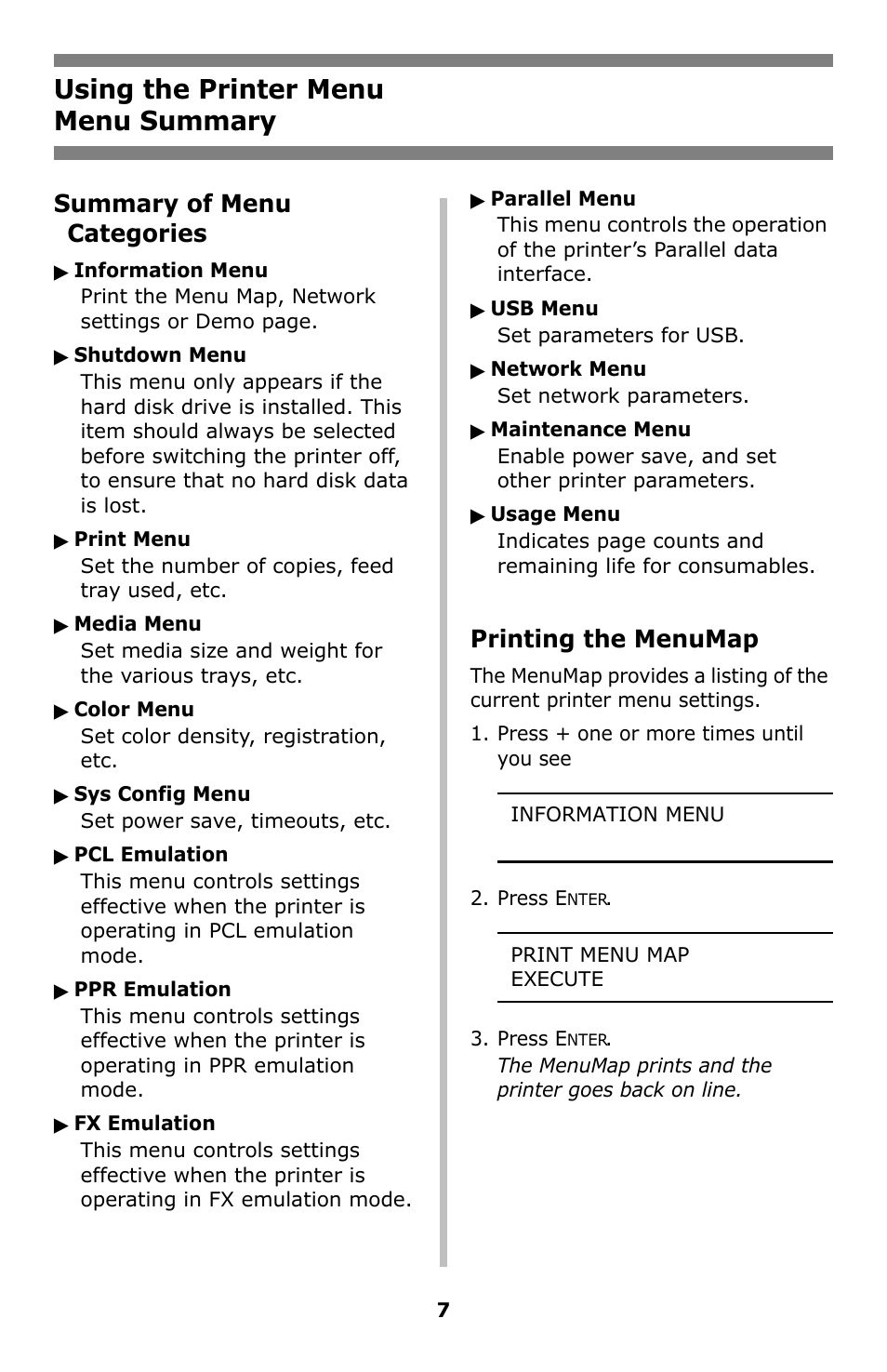 Menu summary, Using the printer menu menu summary, Summary of menu categories | Printing the menumap | Oki C8800 User Manual | Page 7 / 87