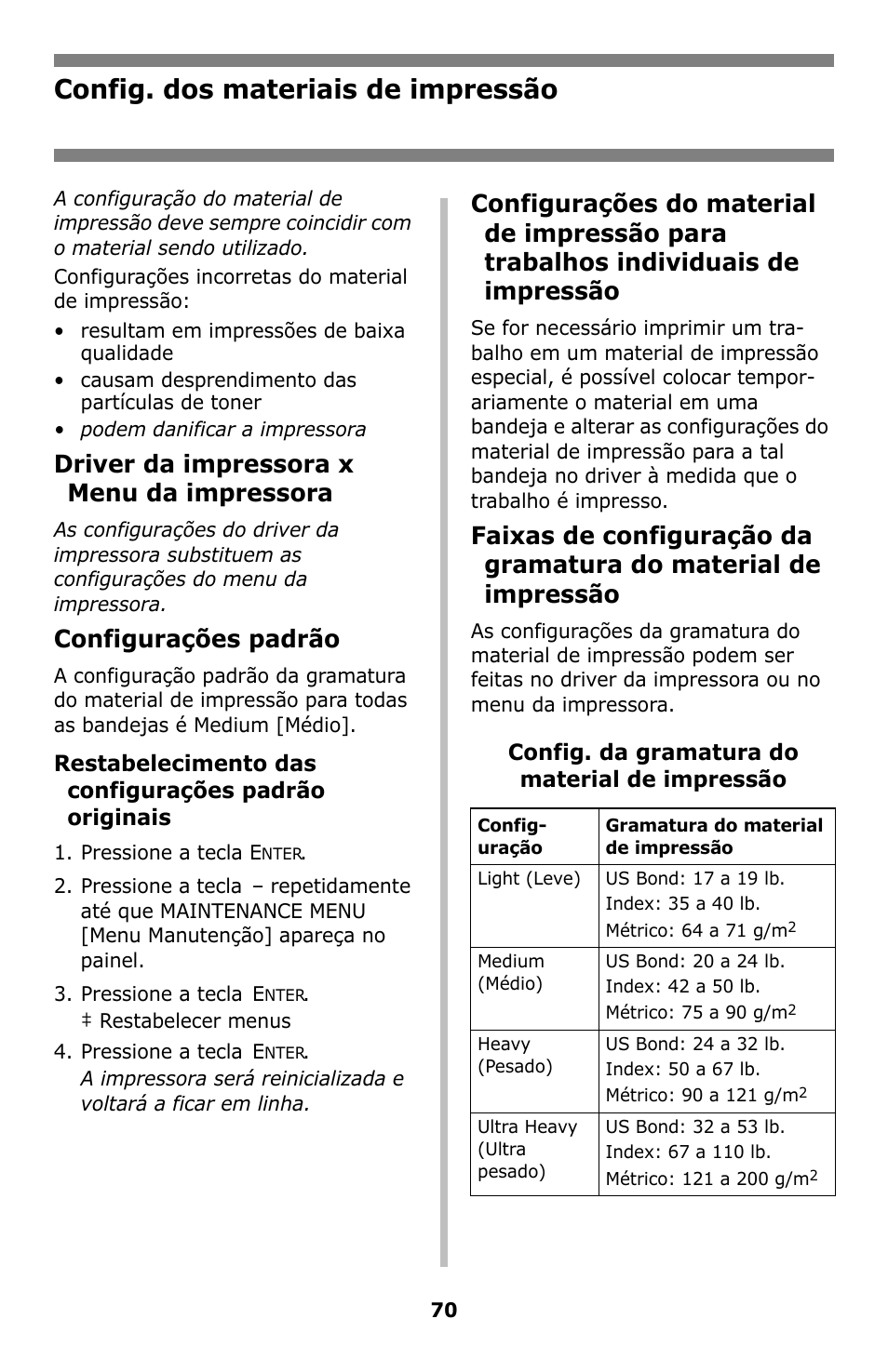 Config. dos materiais de impressão, Config. dos materiais, De impressão | Driver da impressora x menu da impressora, Configurações padrão | Oki C8800 User Manual | Page 70 / 87