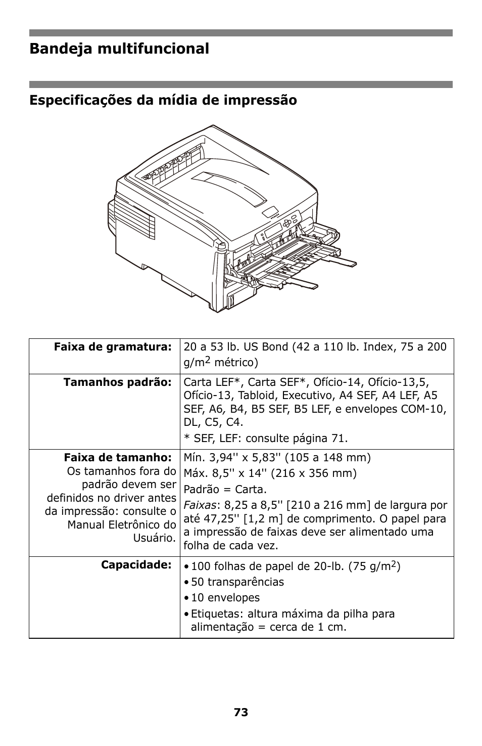 Bandeja multifuncional, Especificações da mídia de impressão | Oki C8800 User Manual | Page 73 / 87