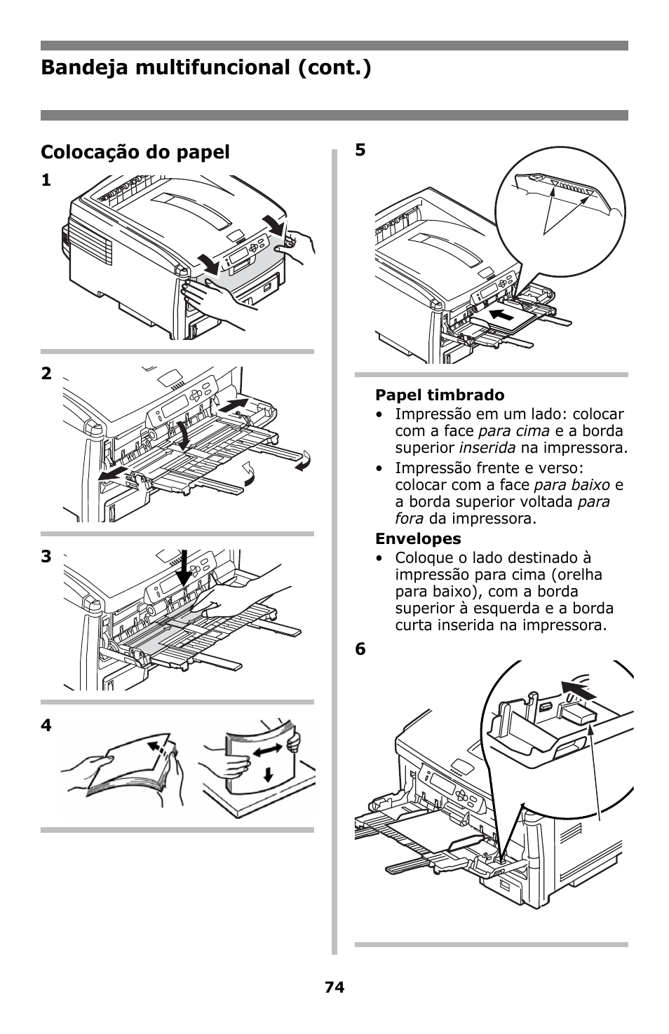 Bandeja multifuncional (cont.), Colocação do papel | Oki C8800 User Manual | Page 74 / 87