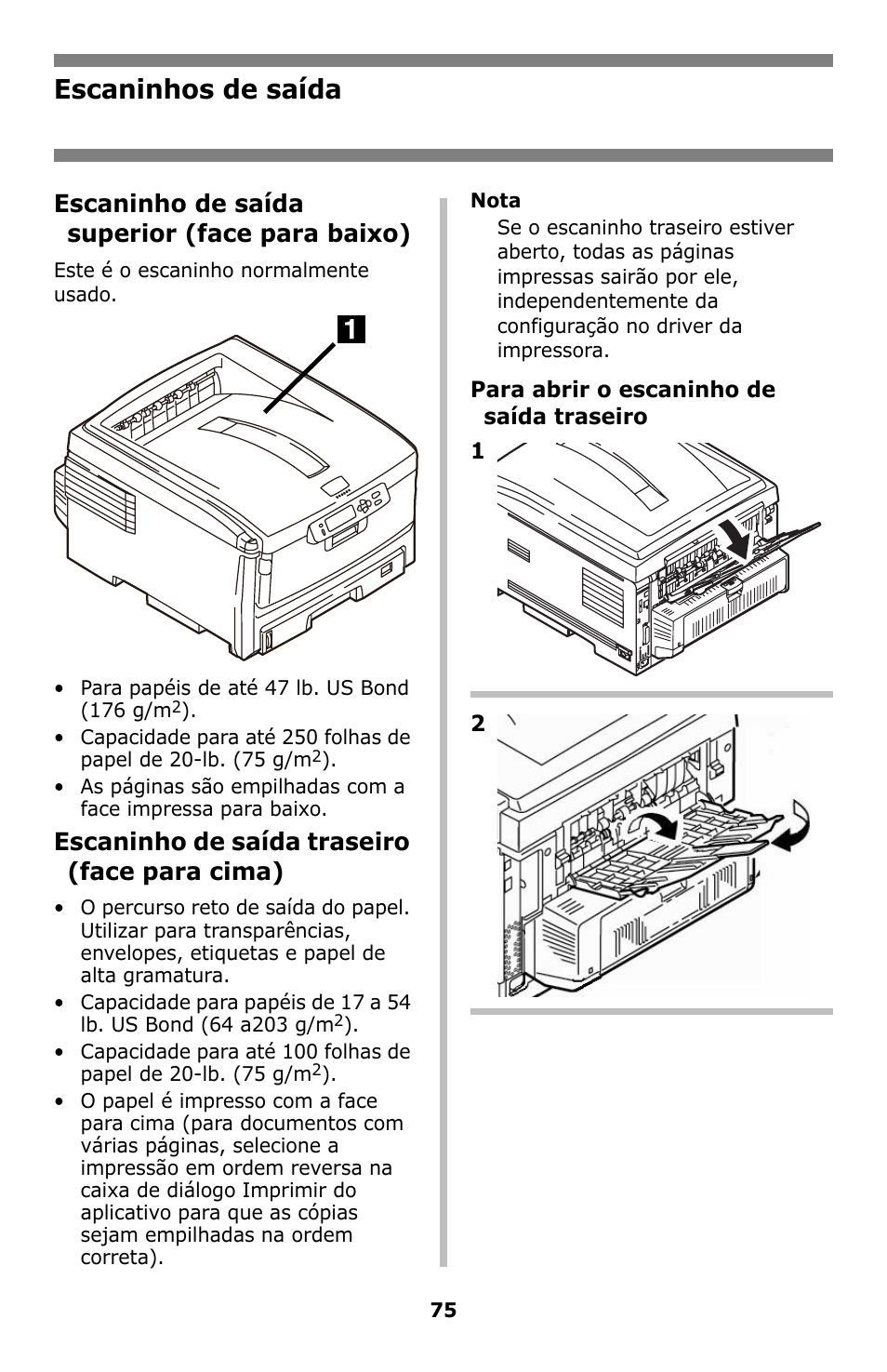 Escaninhos de saída, Escaninho de saída superior (face para baixo), Escaninho de saída traseiro (face para cima) | Oki C8800 User Manual | Page 75 / 87