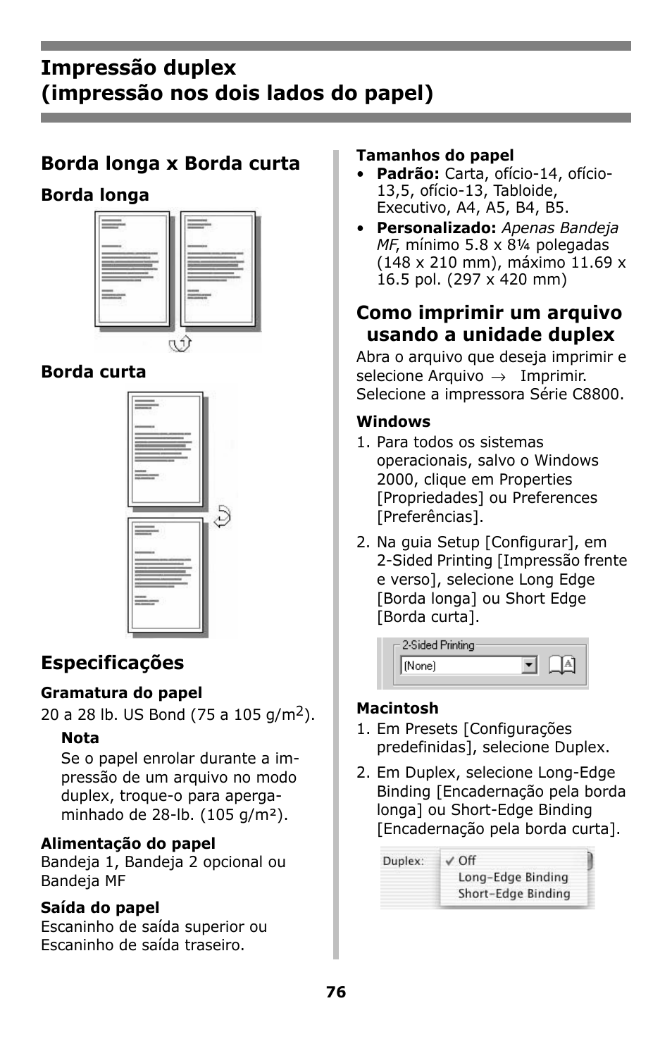 Impressão duplex, Borda longa x borda curta, Especificações | Como imprimir um arquivo usando a unidade duplex | Oki C8800 User Manual | Page 76 / 87